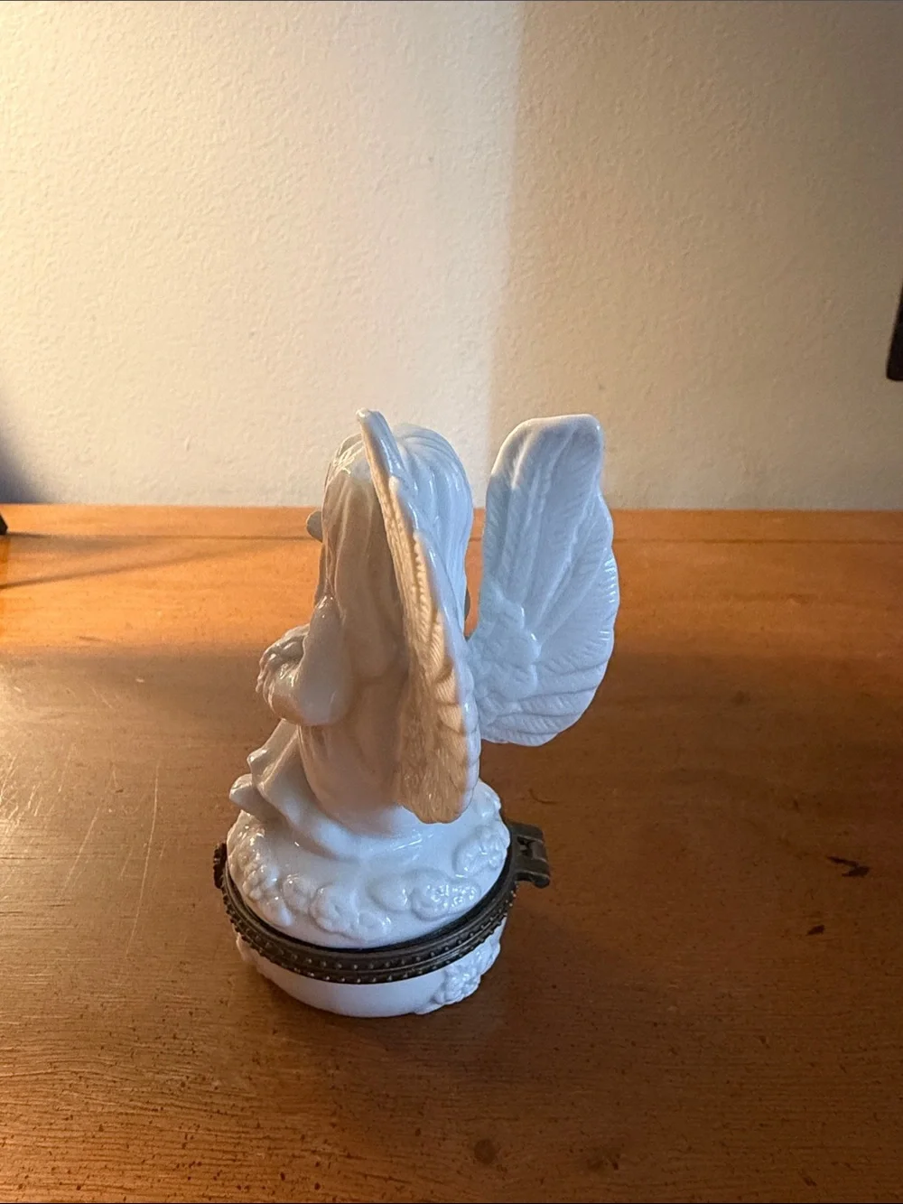 Vintage White Porcelain Cherub Angel Hinged Trinket Box Rose Base